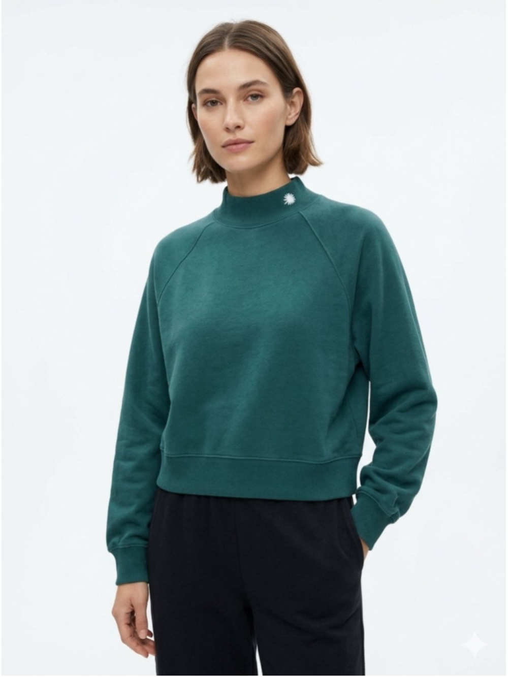 Hollister Co. Green Mock Neck Cropped Sweatshirt with Embroidered Daisy Med -545